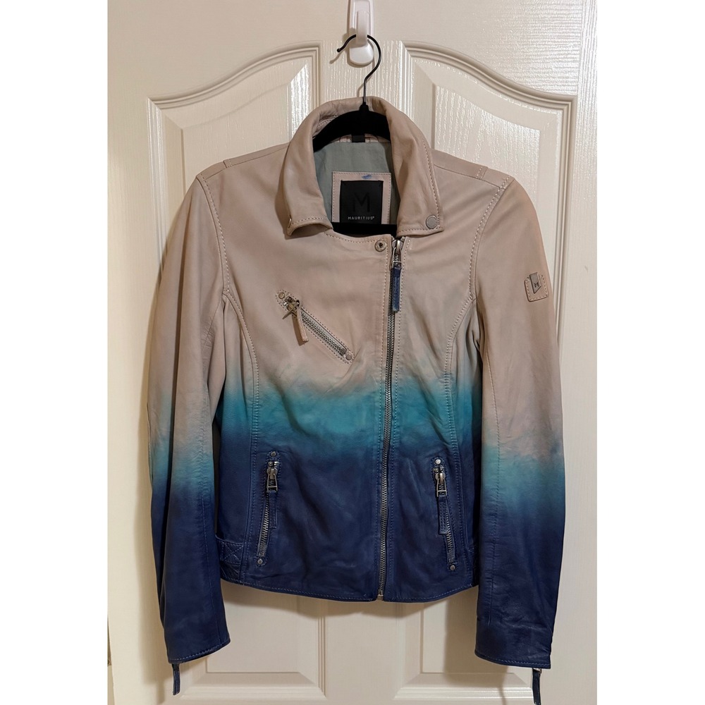 Mauritius Women's Ombre Lambskin Leather Moto Jacket Beige Blue Zip Size M